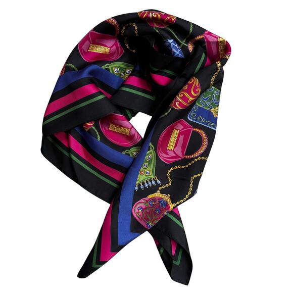 Vintage Talbots pure silk scarf black & gem tones large square handbags motif - Picture 6 of 10